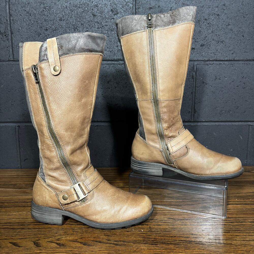 Earth Origins Brown Leather Tall Moto Riding Boots Side Zip Women’s 9 Wide